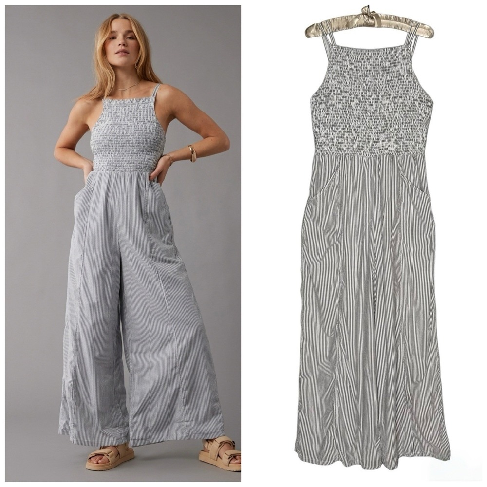 American Eagle Outfitters Jumpsuit 2XL XXL Striped Smocked Lined Wide Leg Cotton